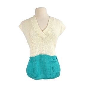 90s Liz Claiborne Sport White & Teal Oversized Boxy Capped Sleeve Sweater
